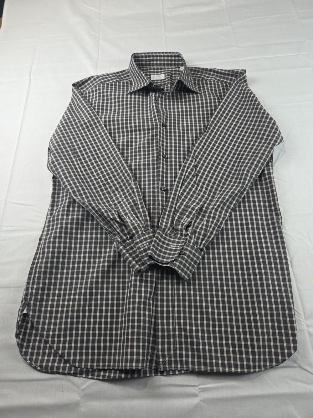 Ermenegildo Zegna Shirt Mens 16.5 42 Blue Brown Plaid Regular Fit Cotton Dress